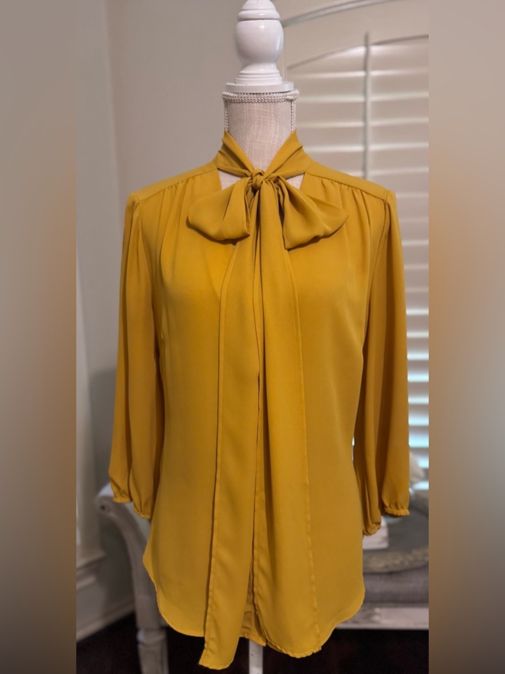 New York and Company Mustard Bow-Tie Blouse